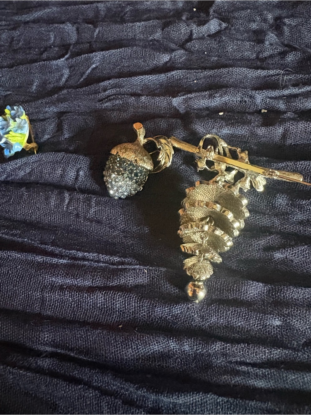 Rhinestone blue is Acorn and Pinecone Pendant pin small blue flower pin.
